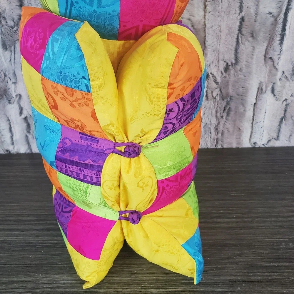 Quilted Asian Nylon Brocade Cat Pillow With Plush Kitty Head‎ PATCHWORK BRIGHT
